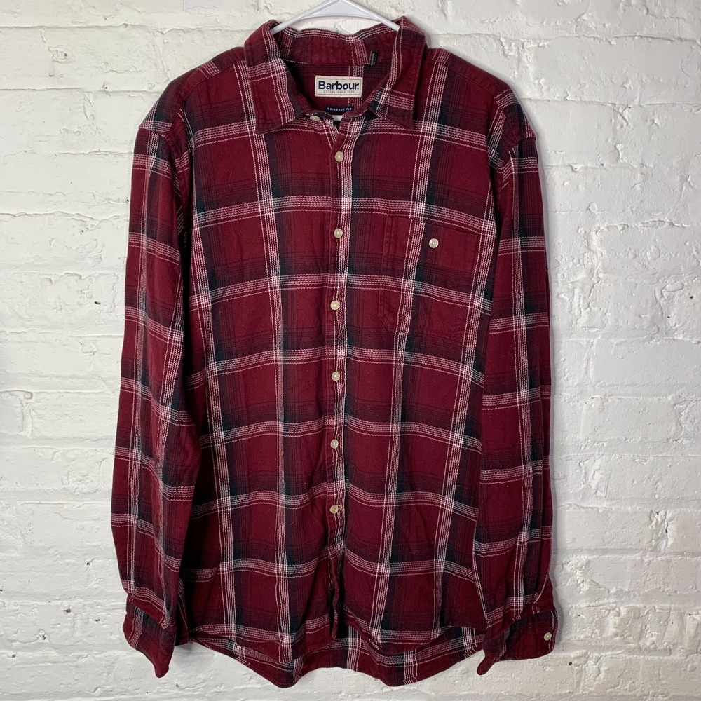 BARBOUR International Tailored Fit Cotton Flannel Shirt Red Plaid‎ Size Large